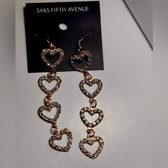 Saks Fifth Avenue Gold Tone 4 Dangling Heart Pave Crystal Hook Earrings - Picture 4 of 6